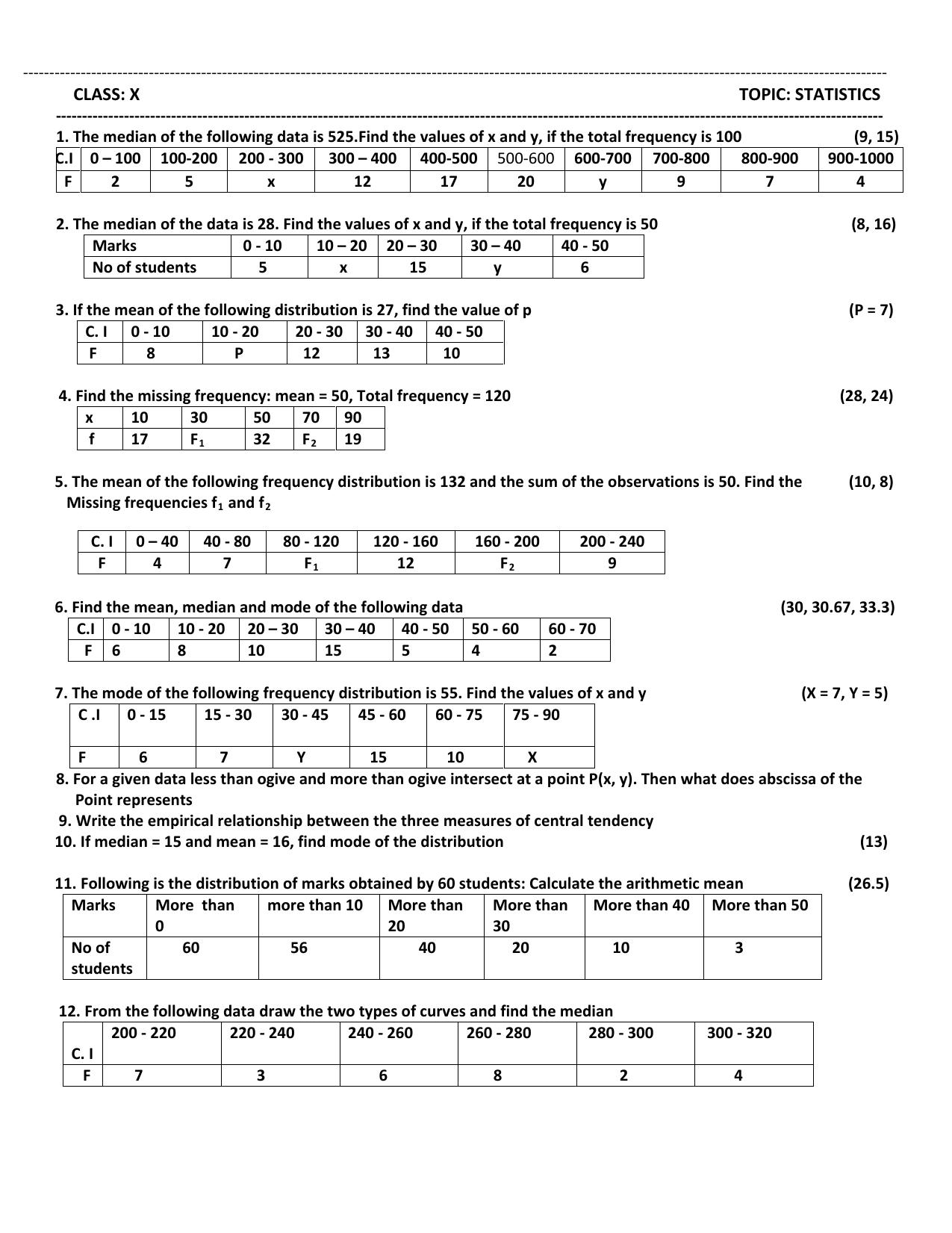 CBSE Worksheets for Class 10 Maths Statistics Assignment 5 - Page 1