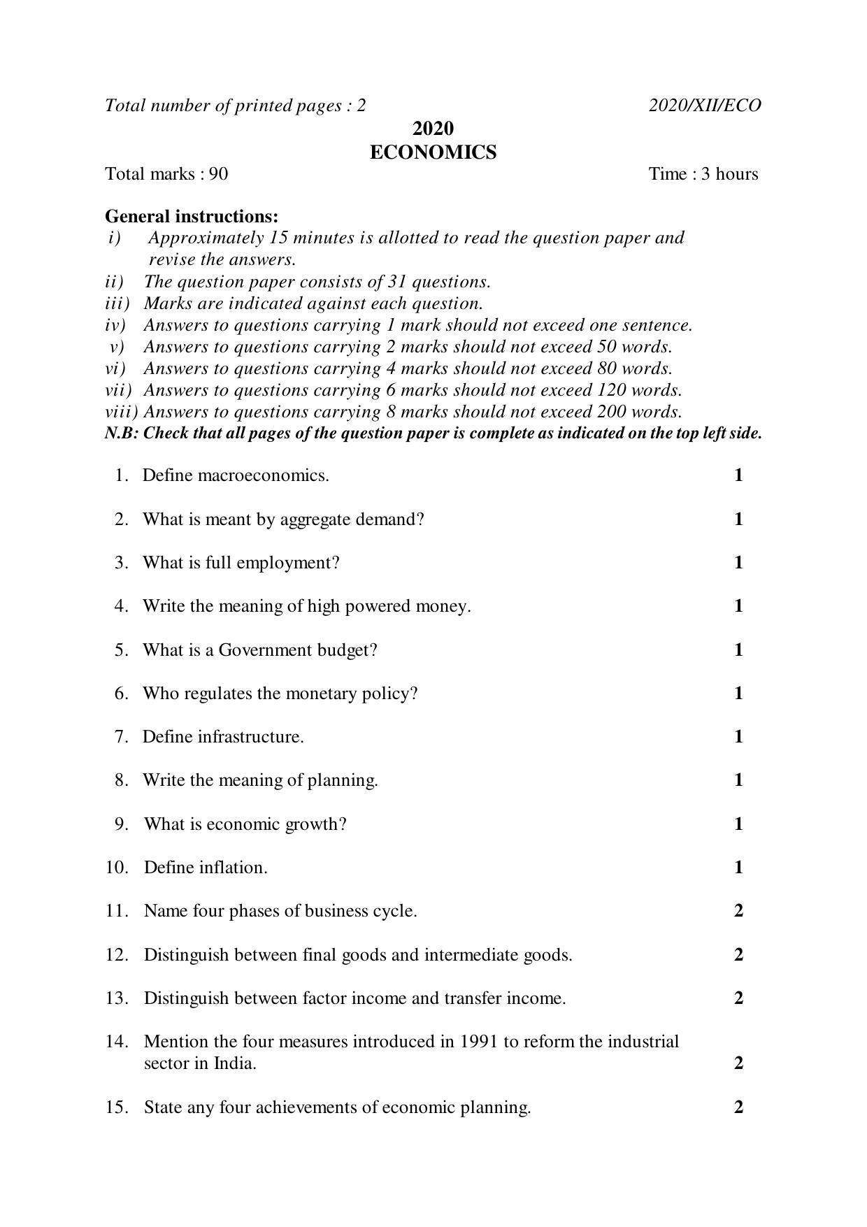 Nagaland Board Class 12 ECONOMICS 2020 Question Papers IndCareer Docs