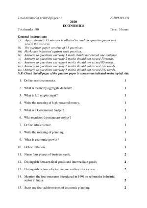Nagaland Board Class 12 ECONOMICS 2020 Question Papers