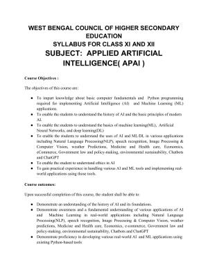 WBCHSE Class 11 & 12 Syllabus for Applied Artificial Intelligence(APAI) (SET III)