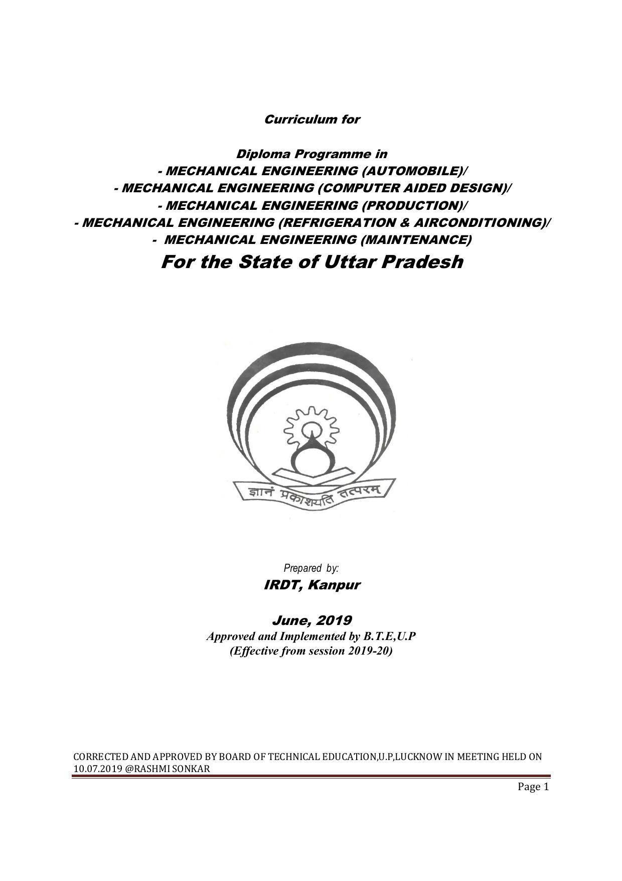 EFFECTIVE FROM JULY 2019-20 - SIX SEMESTER DIPLOMA COURSE IN MECHANICAL ENGINEERING ( REFRIGERATION & AIR CONDITIONING) - Page 1