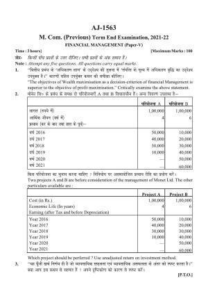 Bilaspur University Question Paper 2021-2022:M.COM (Pravious) Financial Management Paper 1