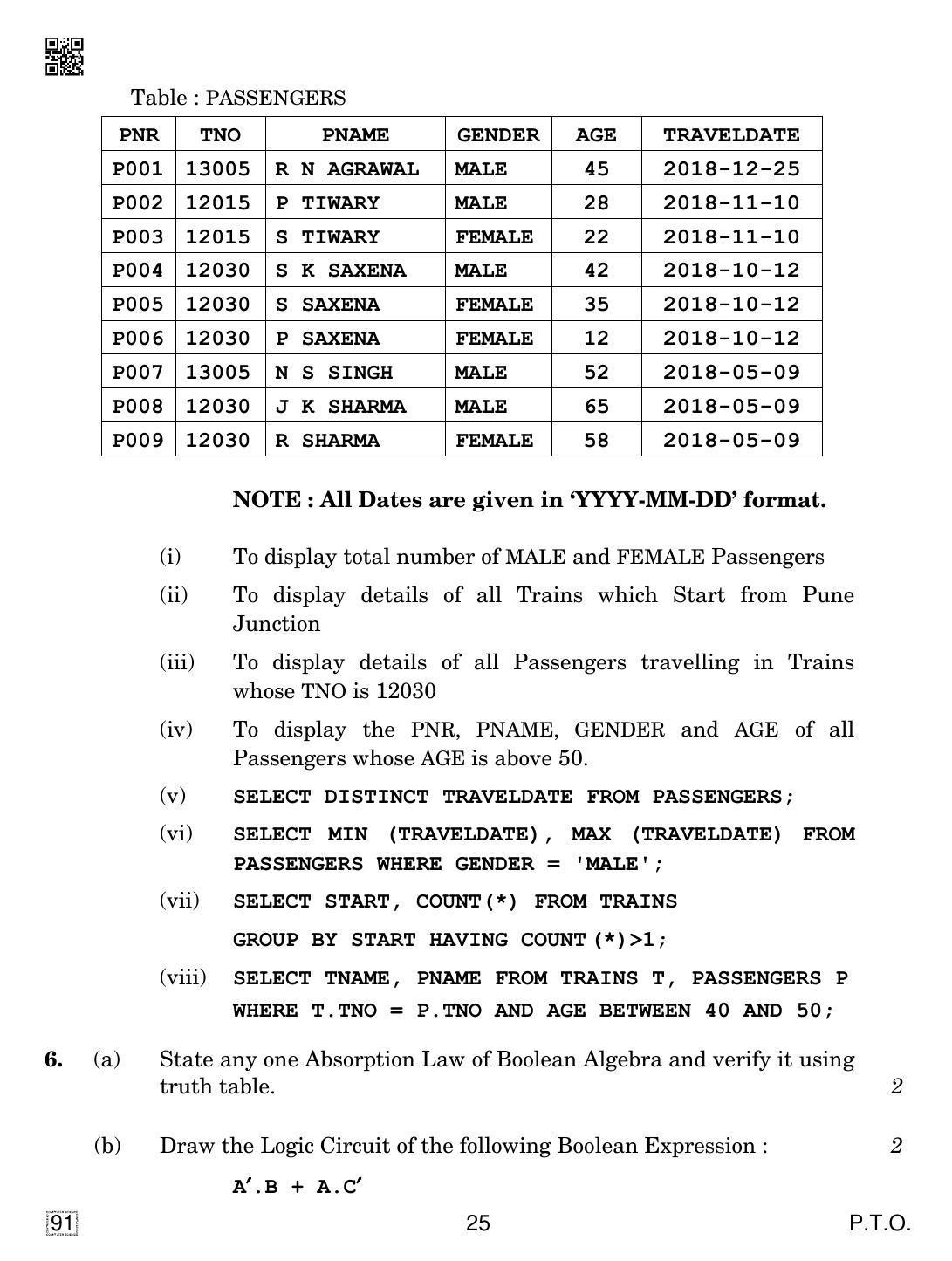 CBSE Class 12 91 COMPUTER SCIENCE 2019 Compartment Question Paper - Page 25