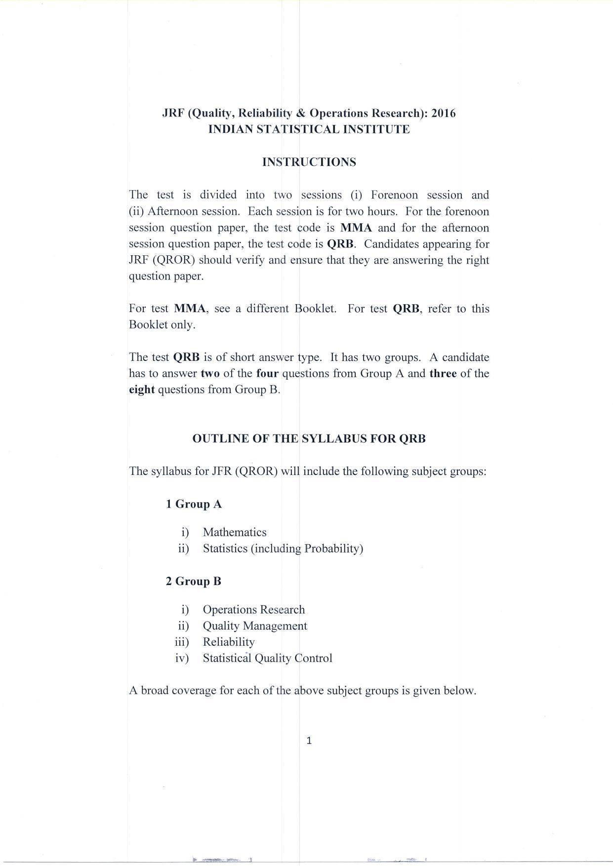ISI Admission Test JRF in Quality, Reliability and Operations Research QRB 2016 Sample Paper - Page 1
