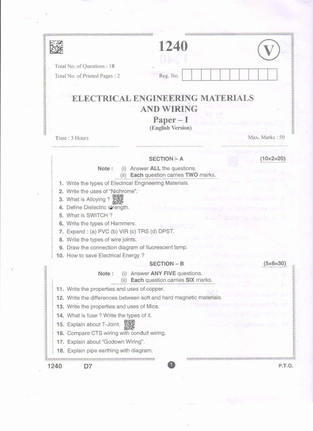 AP Intermediate 2nd Year Vocational Question Paper September-2021- Electrical_Engineering_Materials&Wiring-I - Page 1