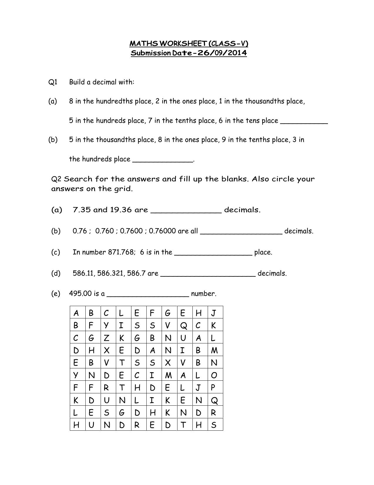Worksheet for Class 5 Maths Decimals Assignment 2 - Page 1