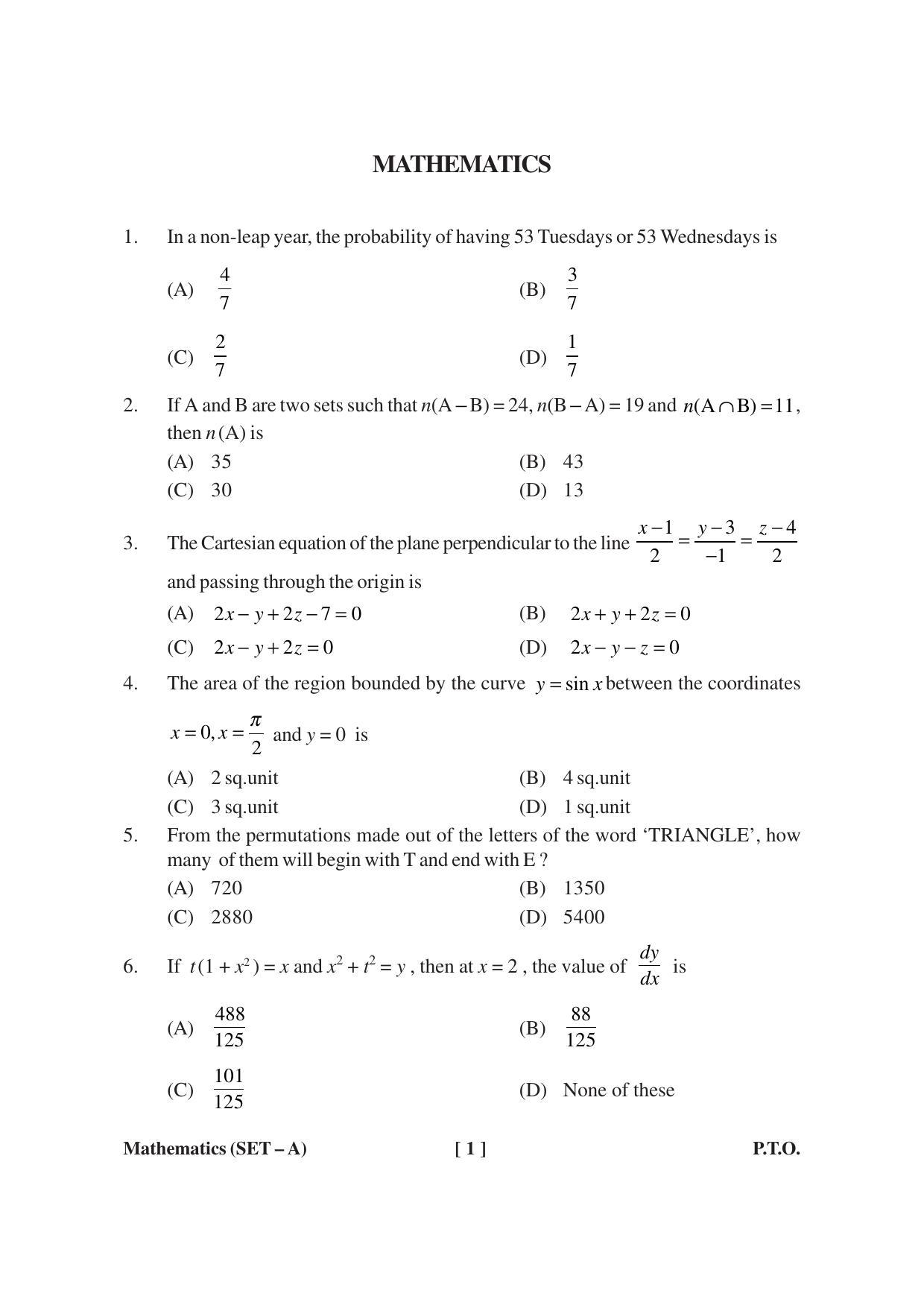 MBSE HSSLC Maths Sample Paper - Page 1