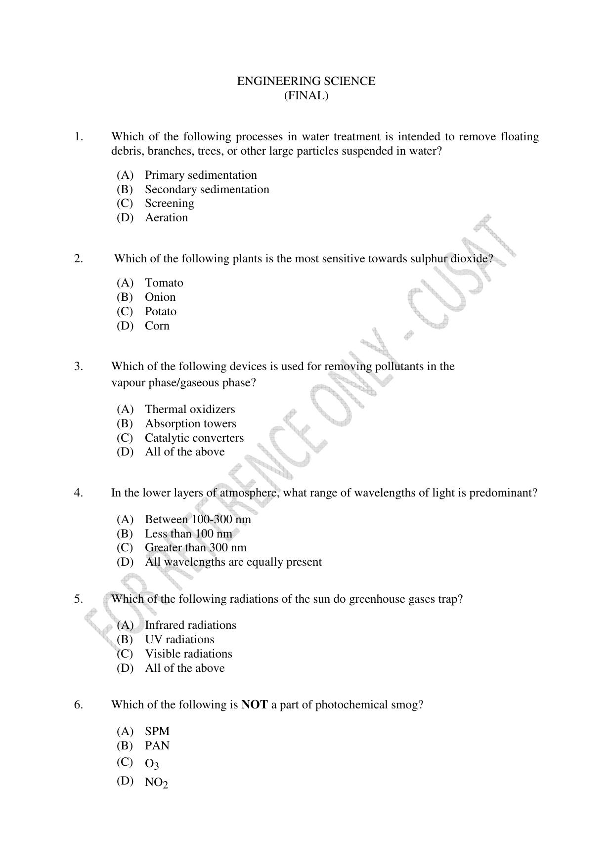 CUSAT CAT 2023 ENGINEERING SCIENCE Question Paper - Page 1