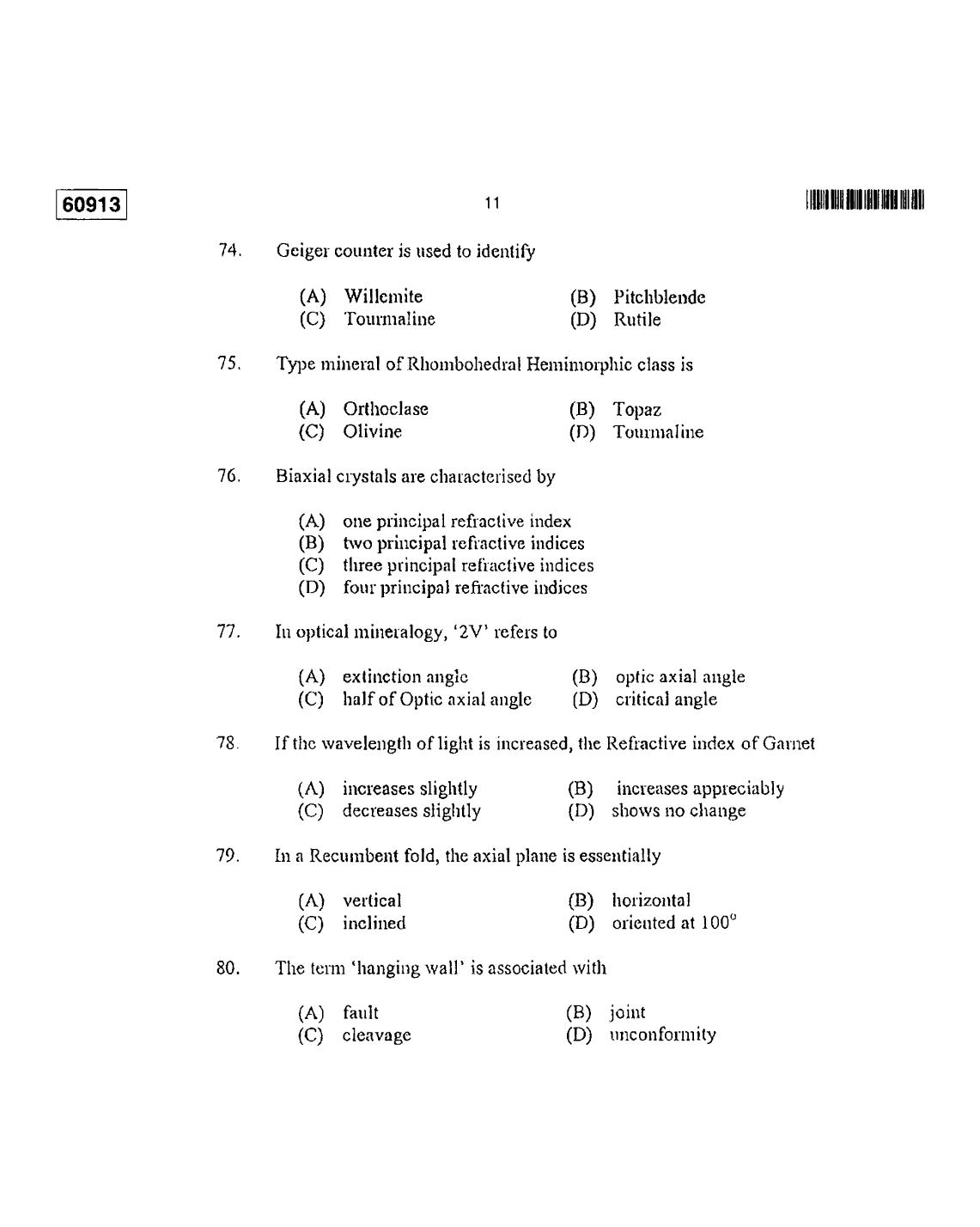 CUSAT CAT 2013 Geology Question Paper - Page 12
