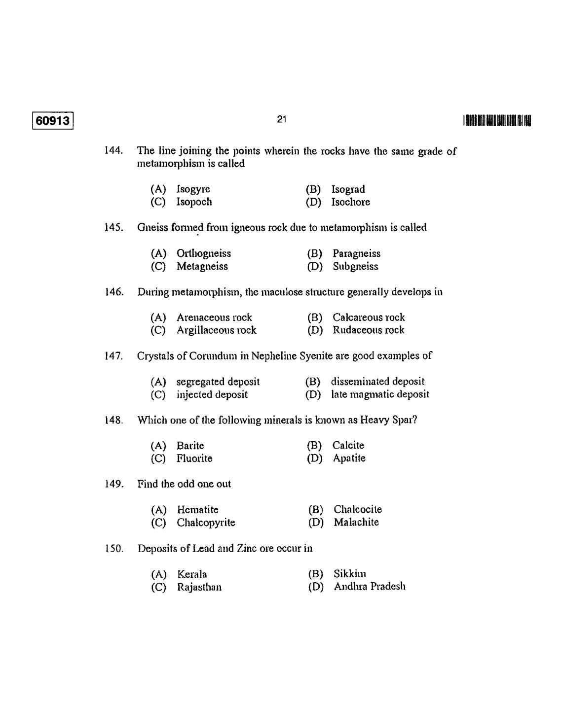 CUSAT CAT 2013 Geology Question Paper - Page 22