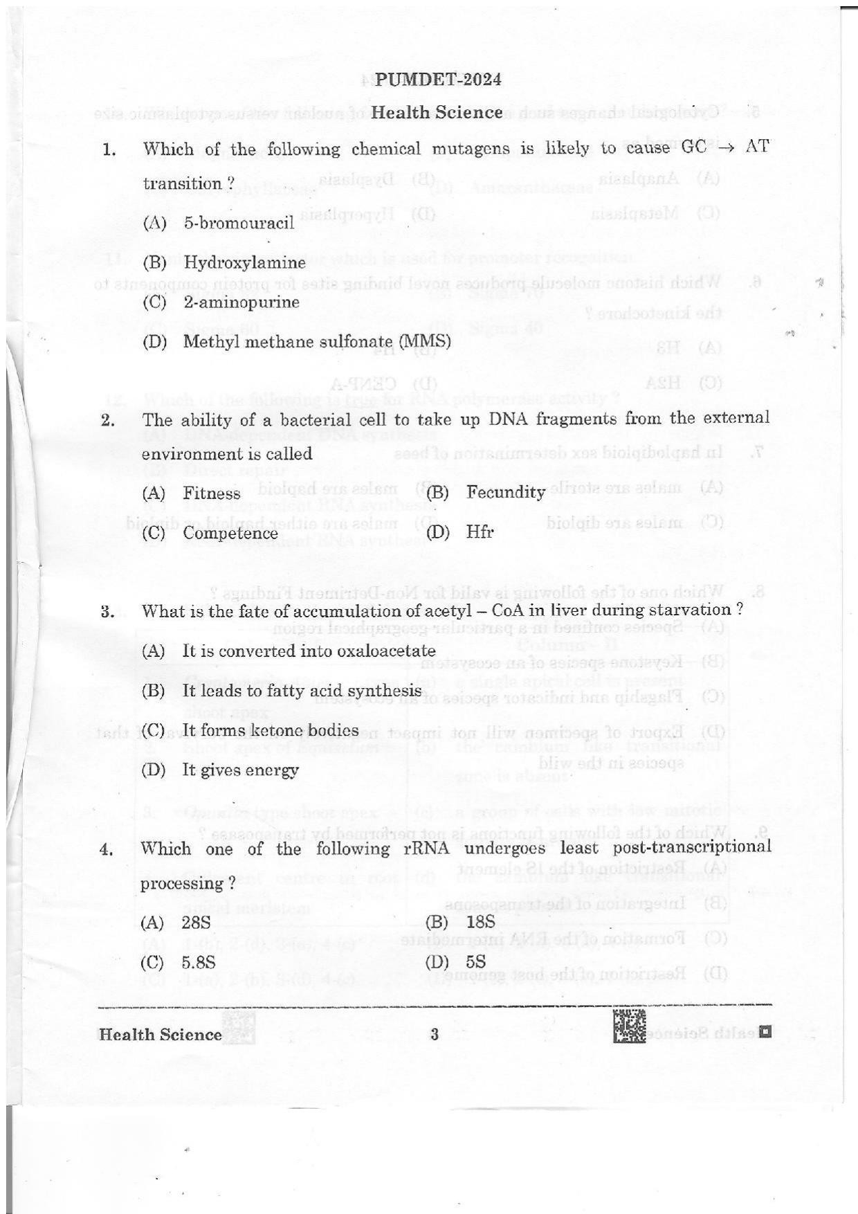 PUMDET 2024 Health Science Question Paper - Page 3