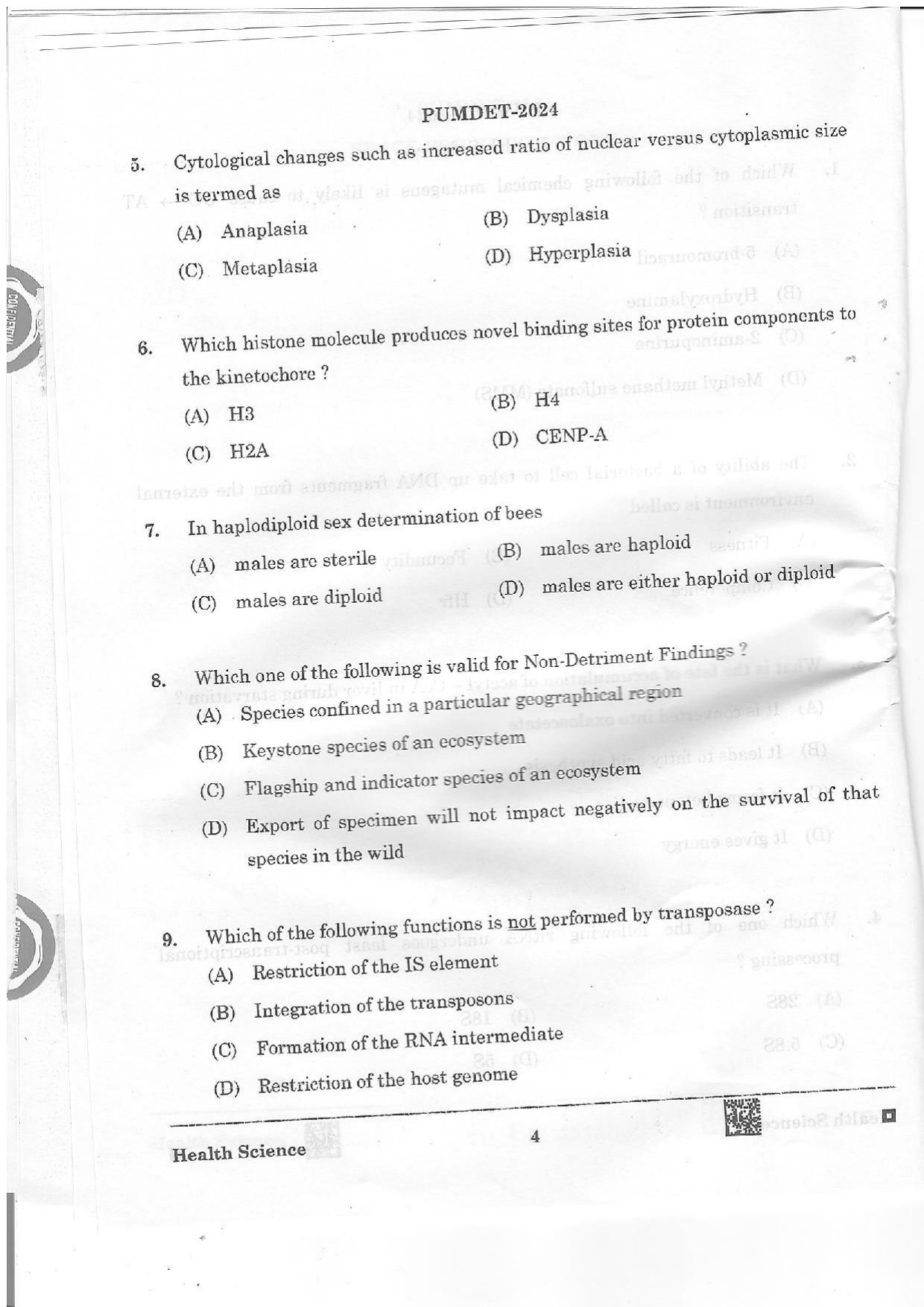 PUMDET 2024 Health Science Question Paper - Page 4