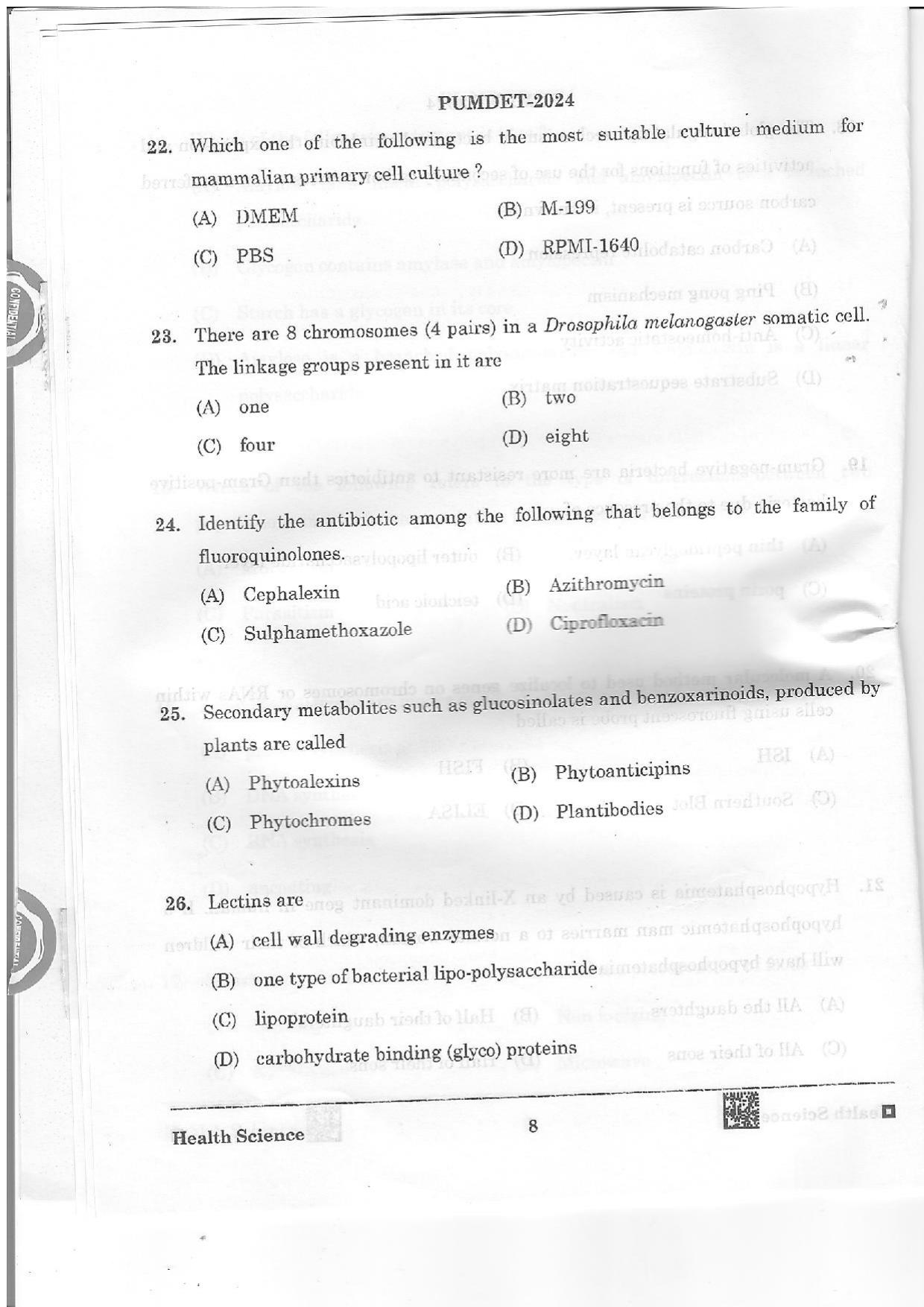PUMDET 2024 Health Science Question Paper - Page 8