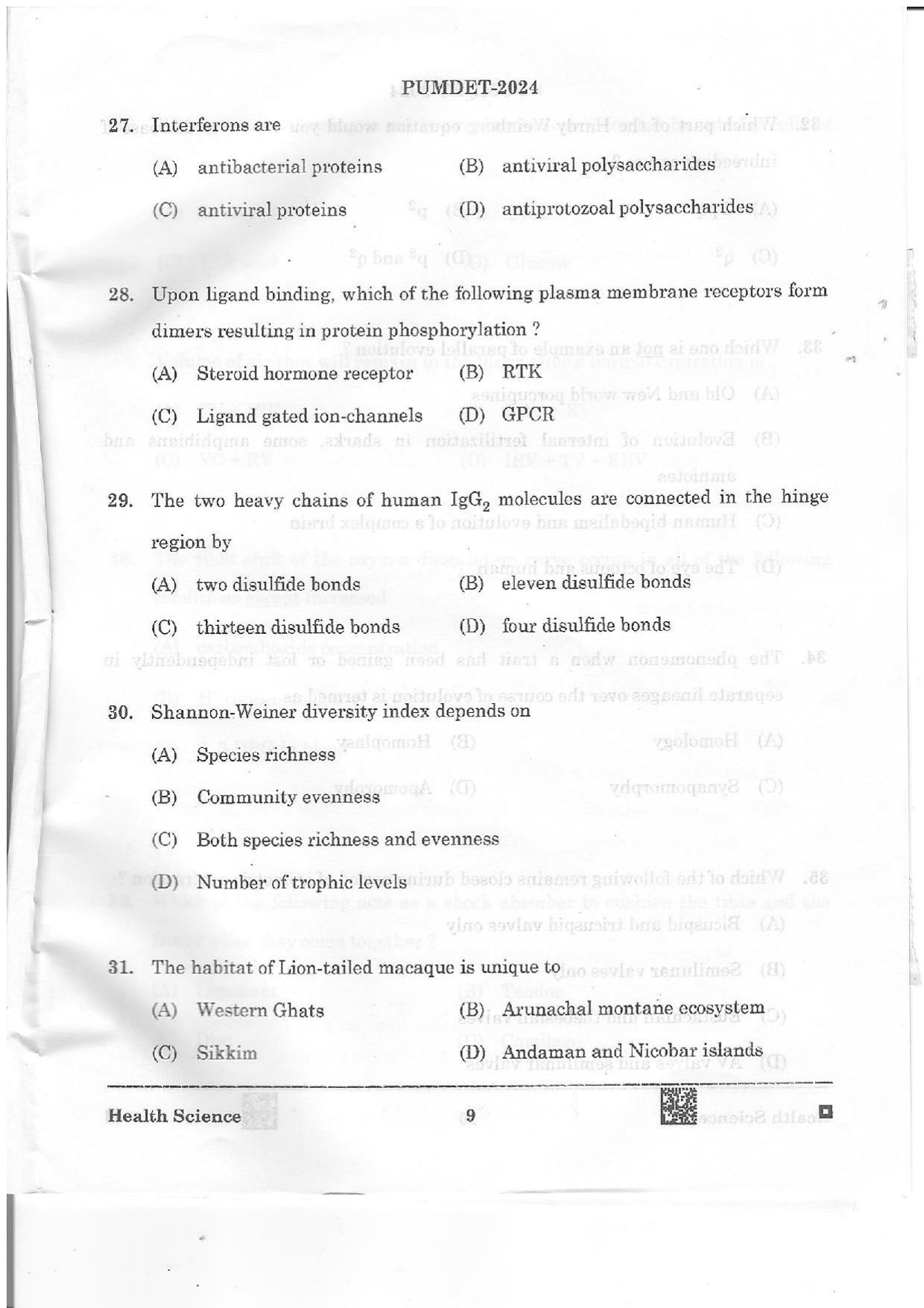 PUMDET 2024 Health Science Question Paper - Page 9
