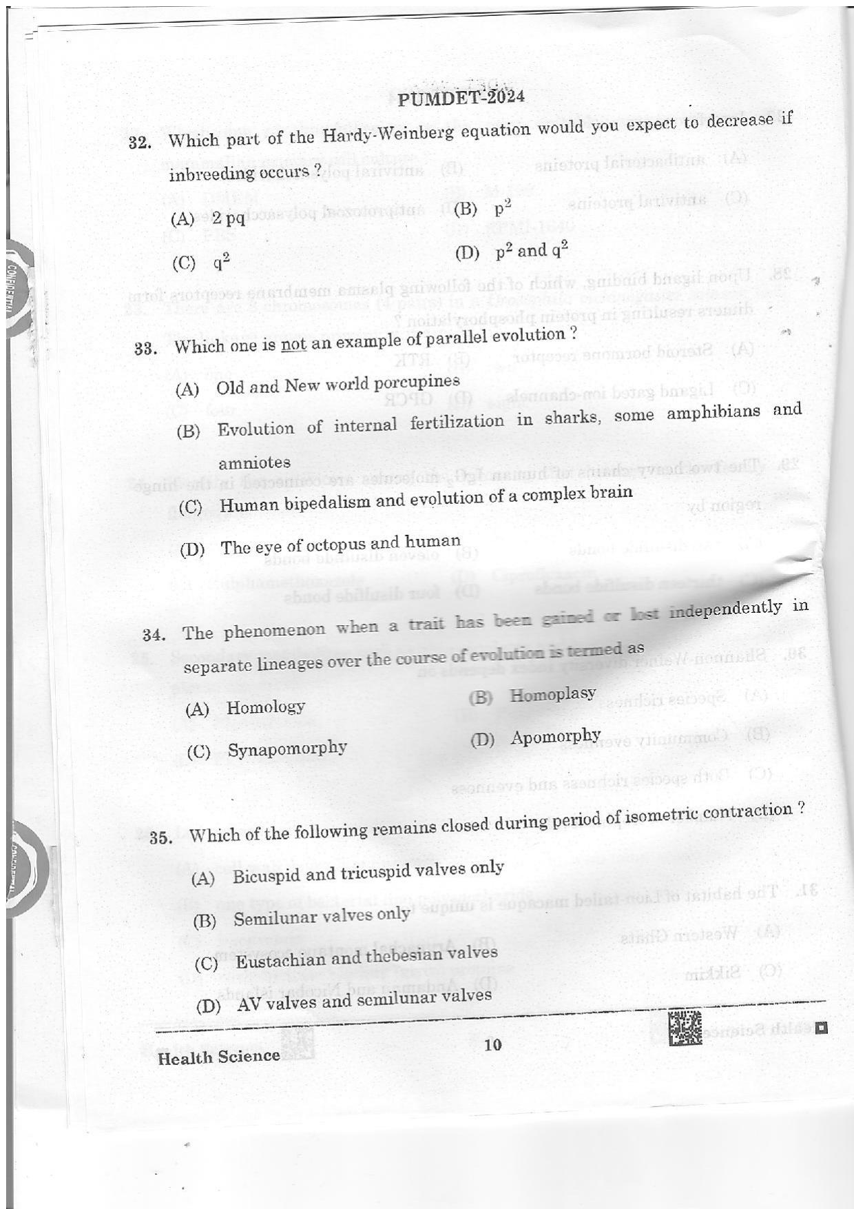PUMDET 2024 Health Science Question Paper - Page 10