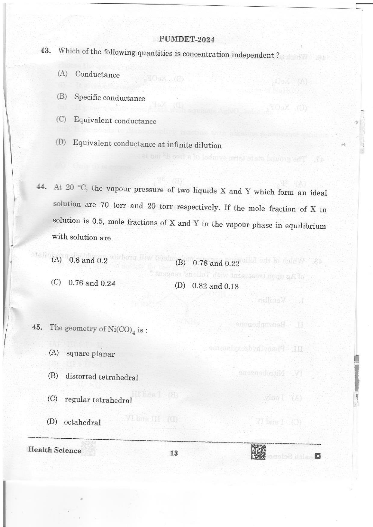 PUMDET 2024 Health Science Question Paper - Page 13