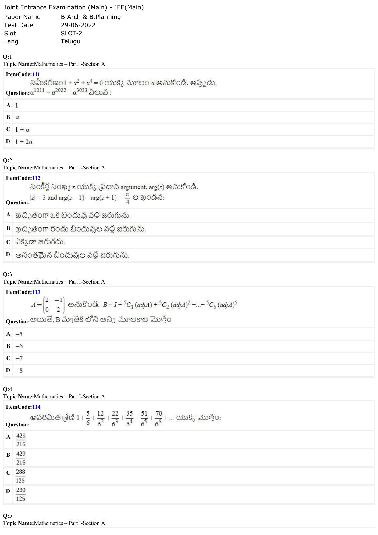 JEE Mains 2022: B Arch & B Planning Telugu (Shift 2) 29-06-2022 Question Paper - Page 1