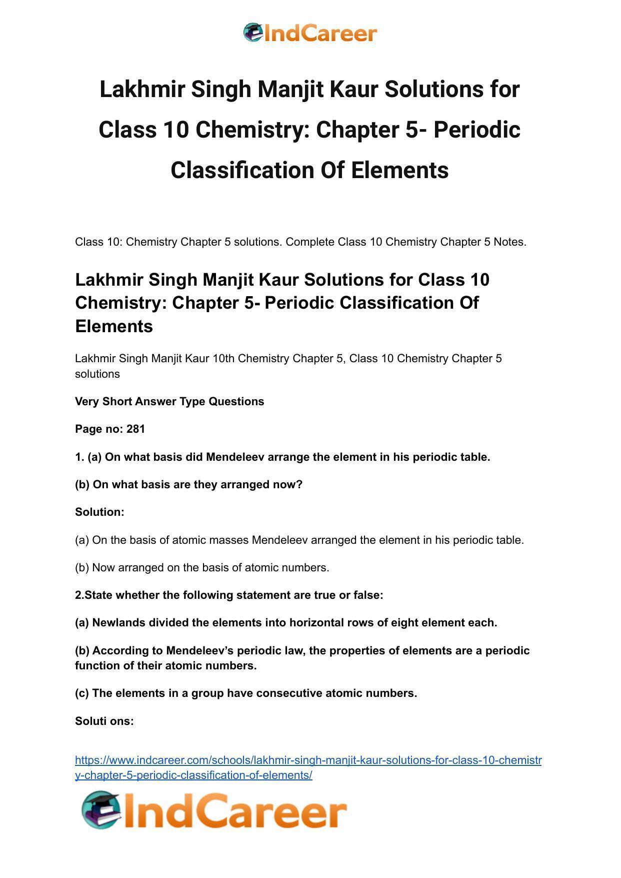 Lakhmir Singh Manjit Kaur Solutions for Class 10 Chemistry: Chapter 5- Periodic Classification Of Elements - Page 2