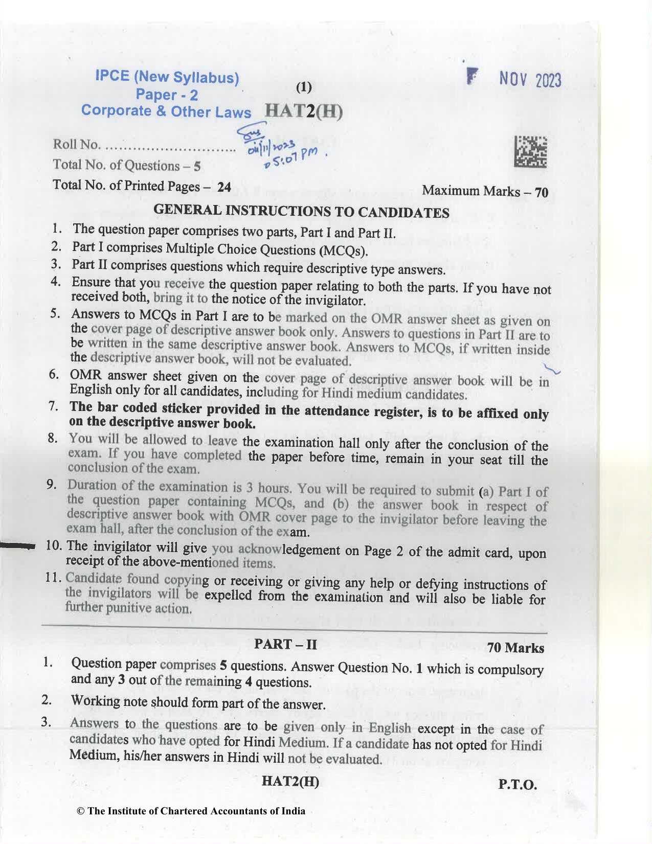 CA Inter Nov 2023 Question Paper - Paper 2 – Corporate and Other Laws - Page 1