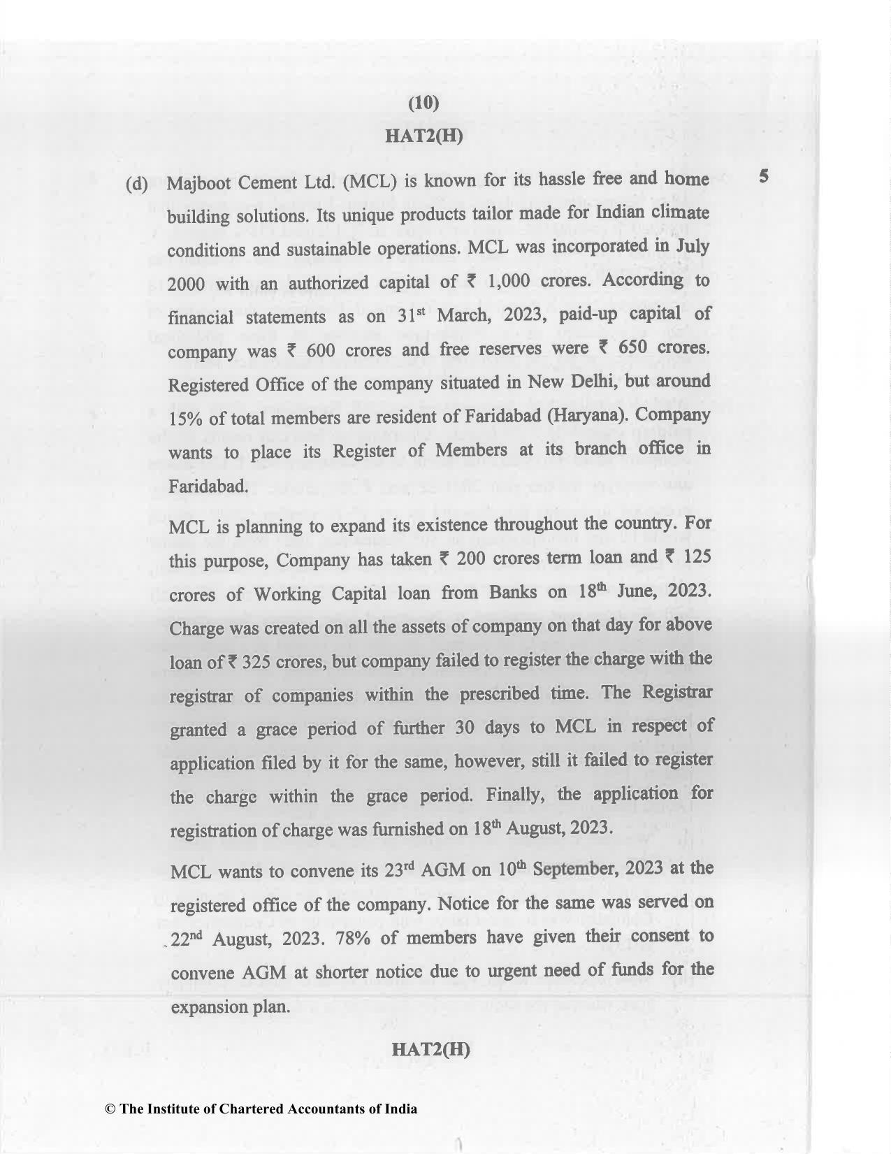 CA Inter Nov 2023 Question Paper - Paper 2 – Corporate and Other Laws - Page 10