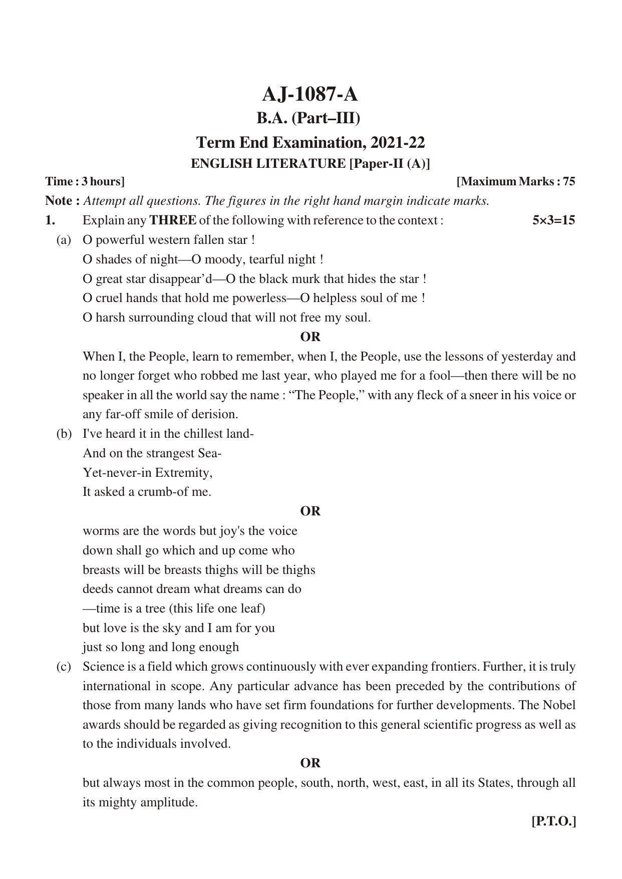 Bilaspur University Question Paper 2021-2022:B.A. Part-III (Three) English Literature Paper 2 - Page 1