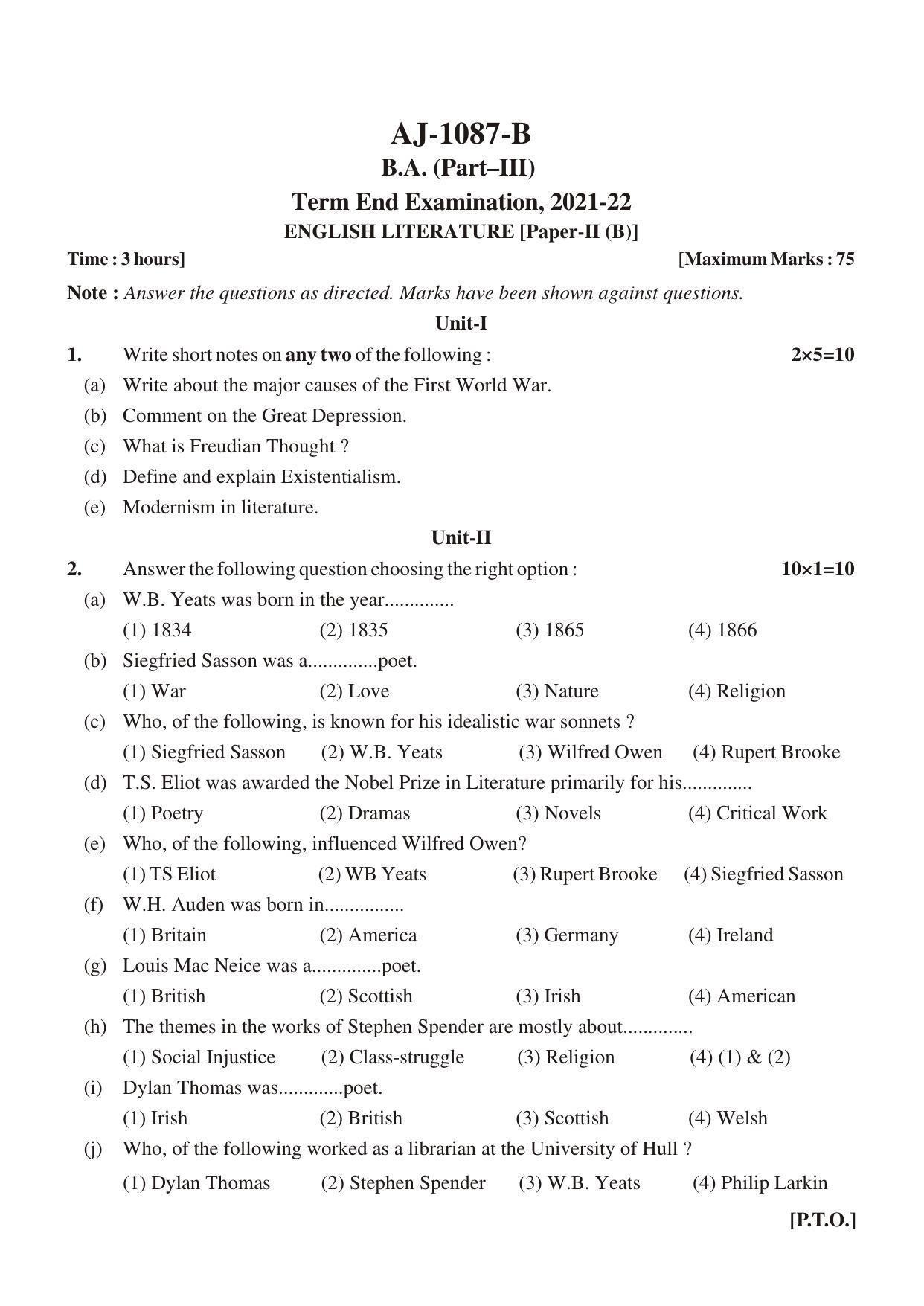 Bilaspur University Question Paper 2021-2022:B.A. Part-III (Three) English Literature Paper 2 - Page 3