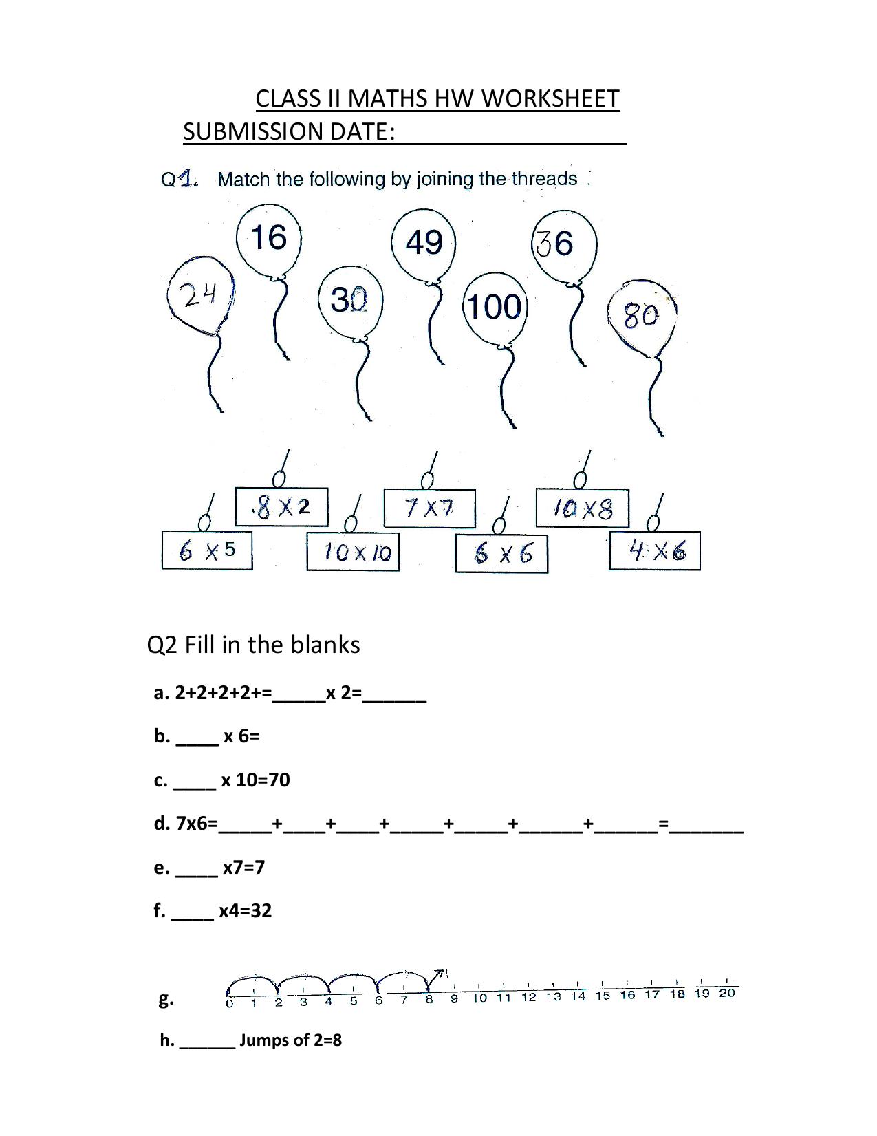 Worksheets for Class 2 Maths Assignment 120 Multiplication - Page 1