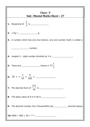 Worksheet for Class 5 Maths Mental Maths Assignment 4