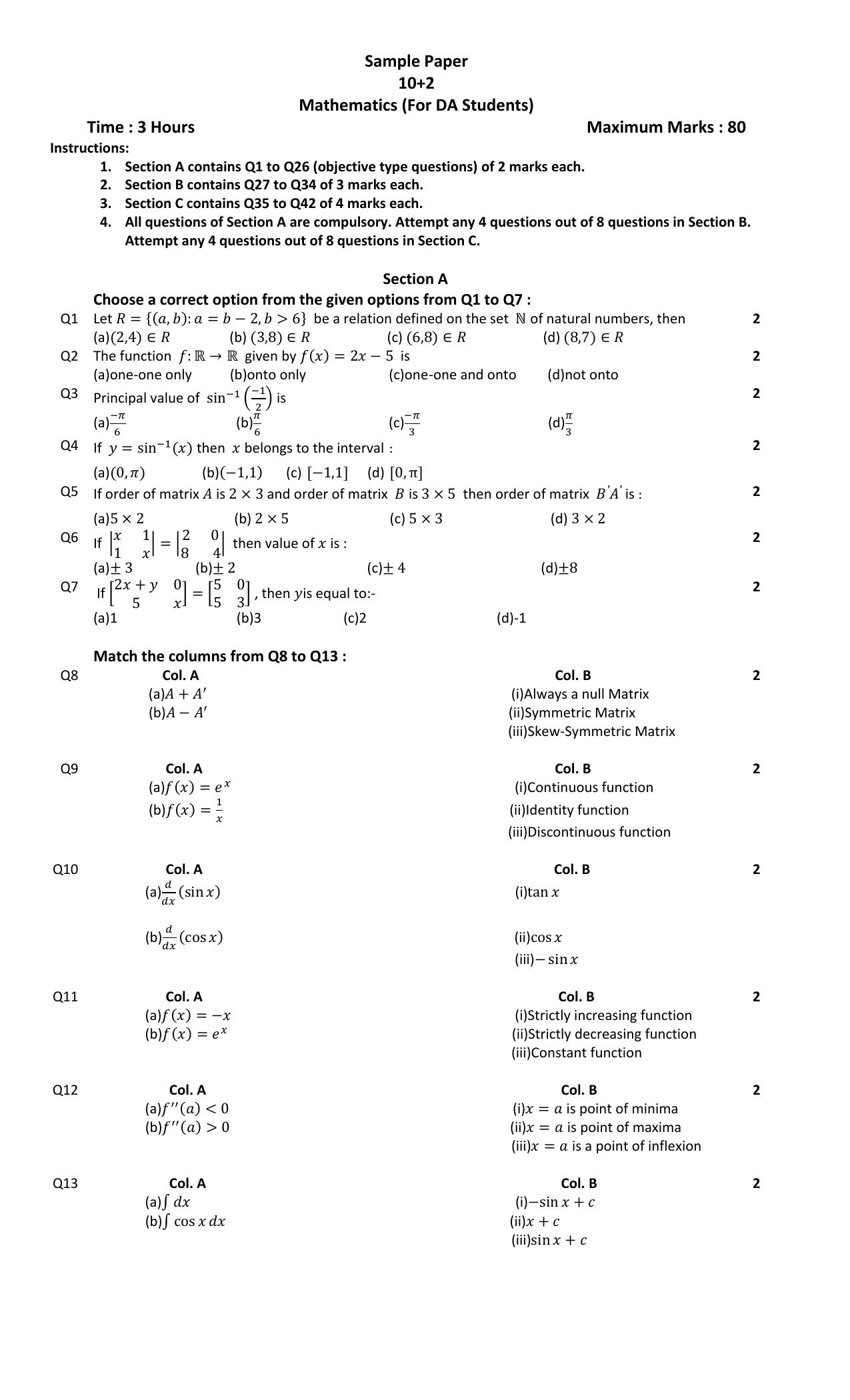 PSEB Class 12 Mathematics (For DA Students) Model Papers 2025 - Page 1