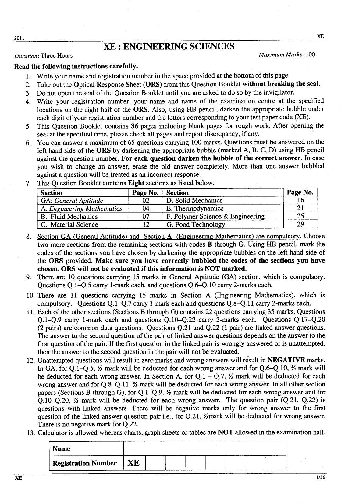 GATE 2011 Engineering Sciences (XE) Question Paper with Answer Key - Page 1
