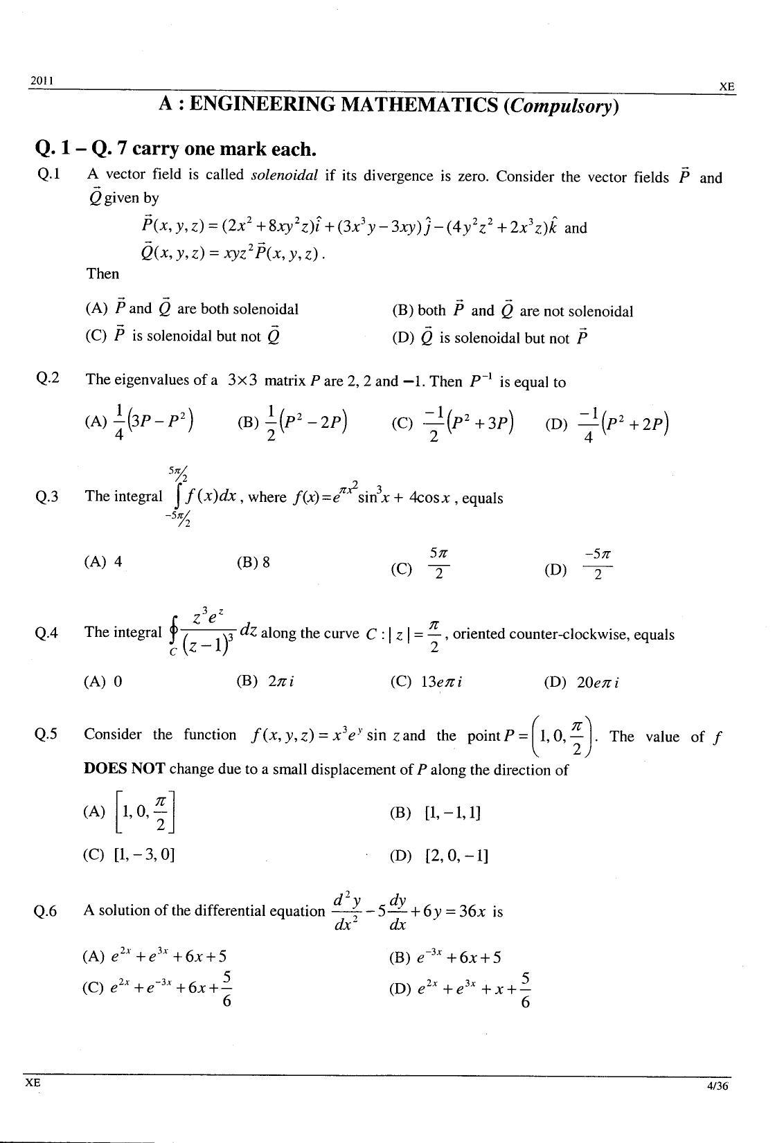 GATE 2011 Engineering Sciences (XE) Question Paper with Answer Key - Page 4