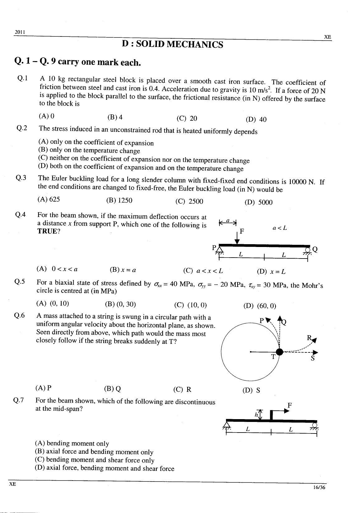 GATE 2011 Engineering Sciences (XE) Question Paper with Answer Key - Page 16