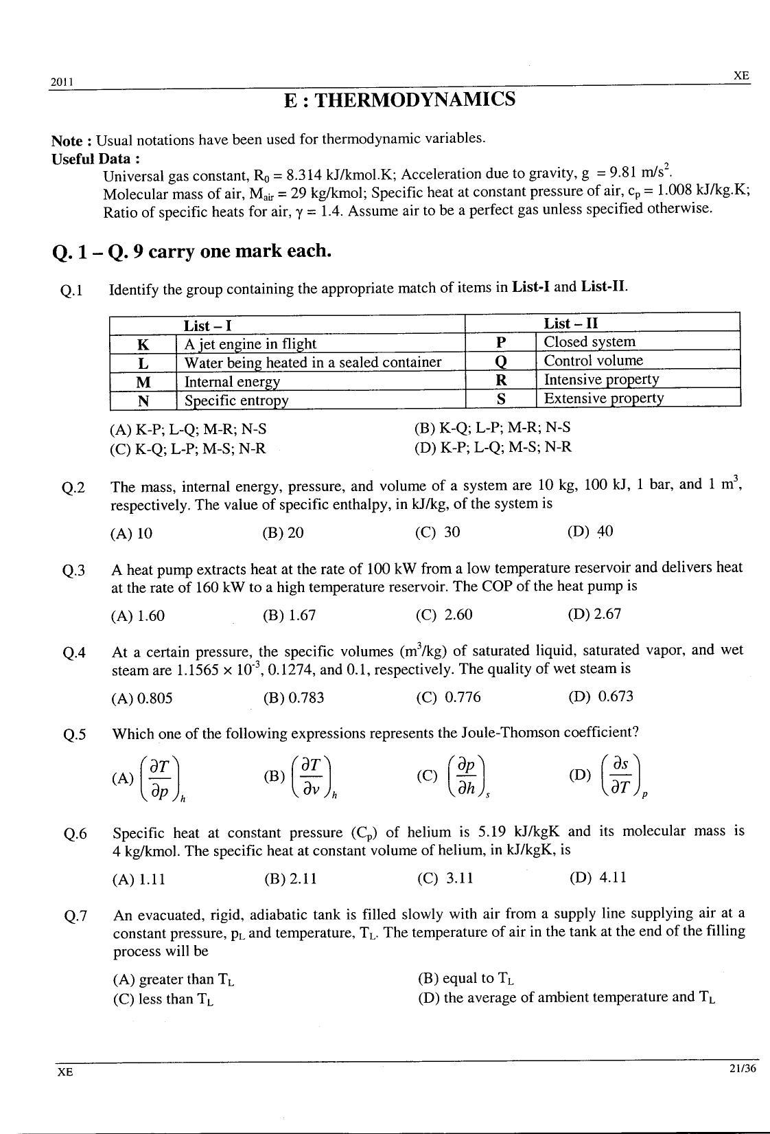 GATE 2011 Engineering Sciences (XE) Question Paper with Answer Key - Page 21
