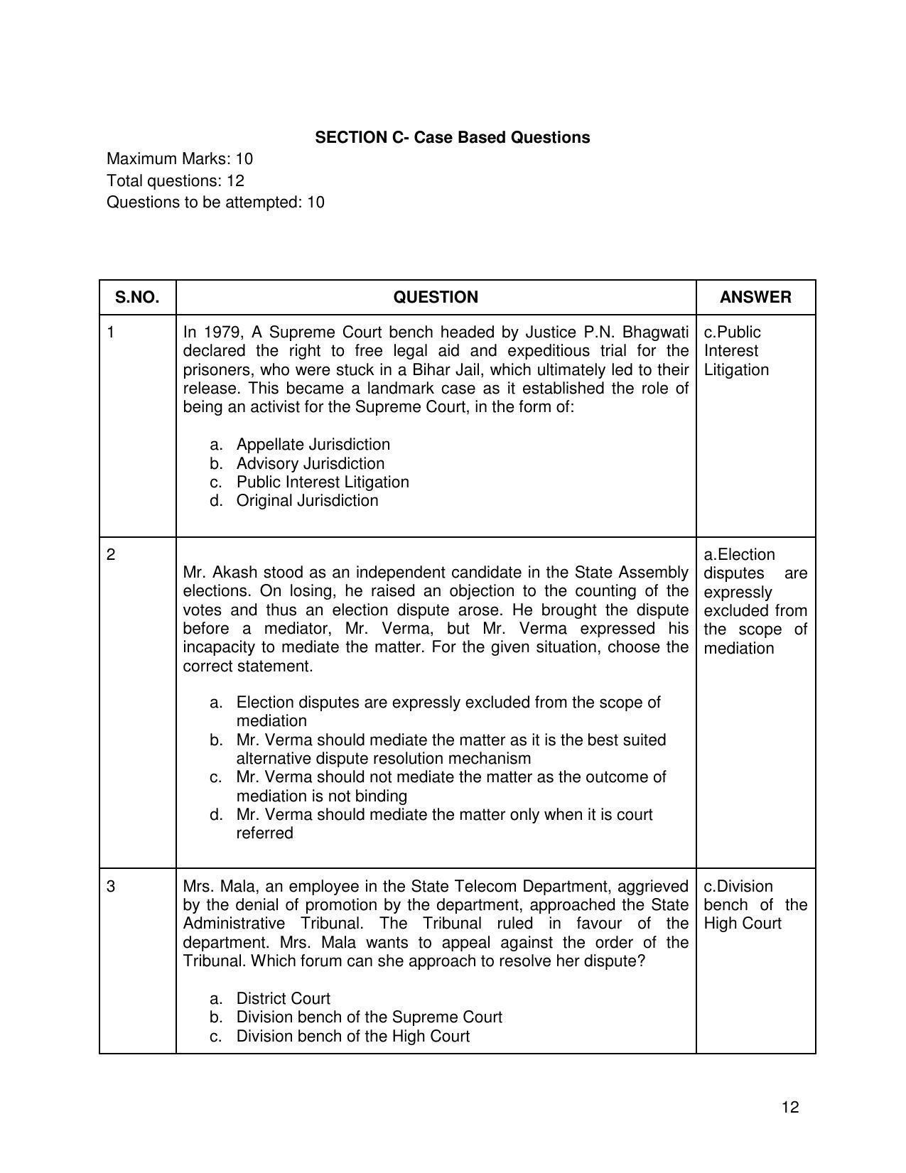 CBSE Class 12th Legal Studies Sample Question Paper Answer Key 2021-22 - Page 12