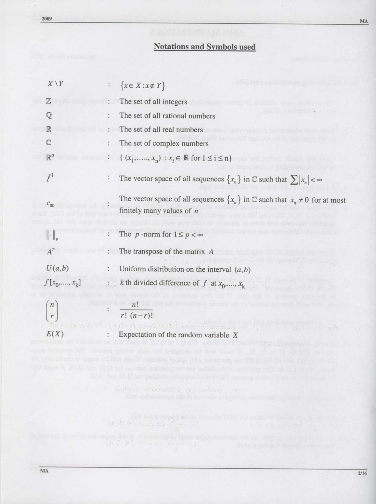 GATE 2009 Mathematics (MA) Question Paper with Answer Key - Page 2