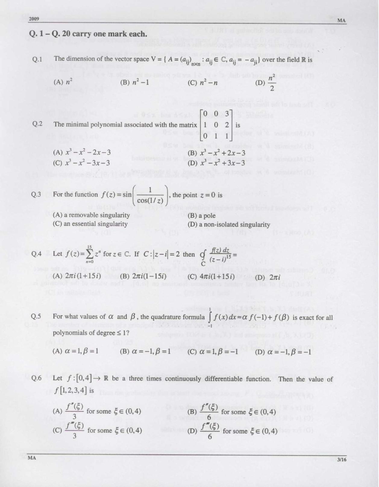 GATE 2009 Mathematics (MA) Question Paper with Answer Key - Page 3