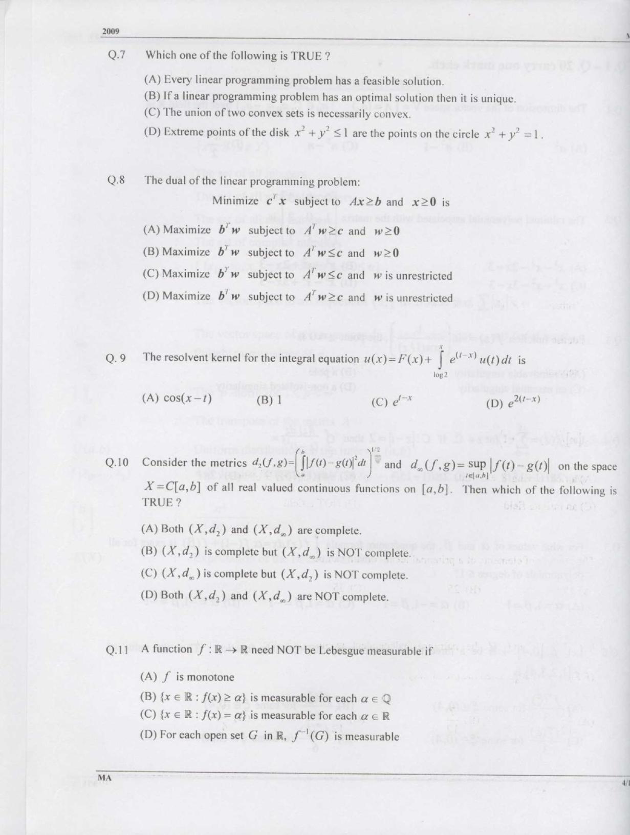 GATE 2009 Mathematics (MA) Question Paper with Answer Key - Page 4