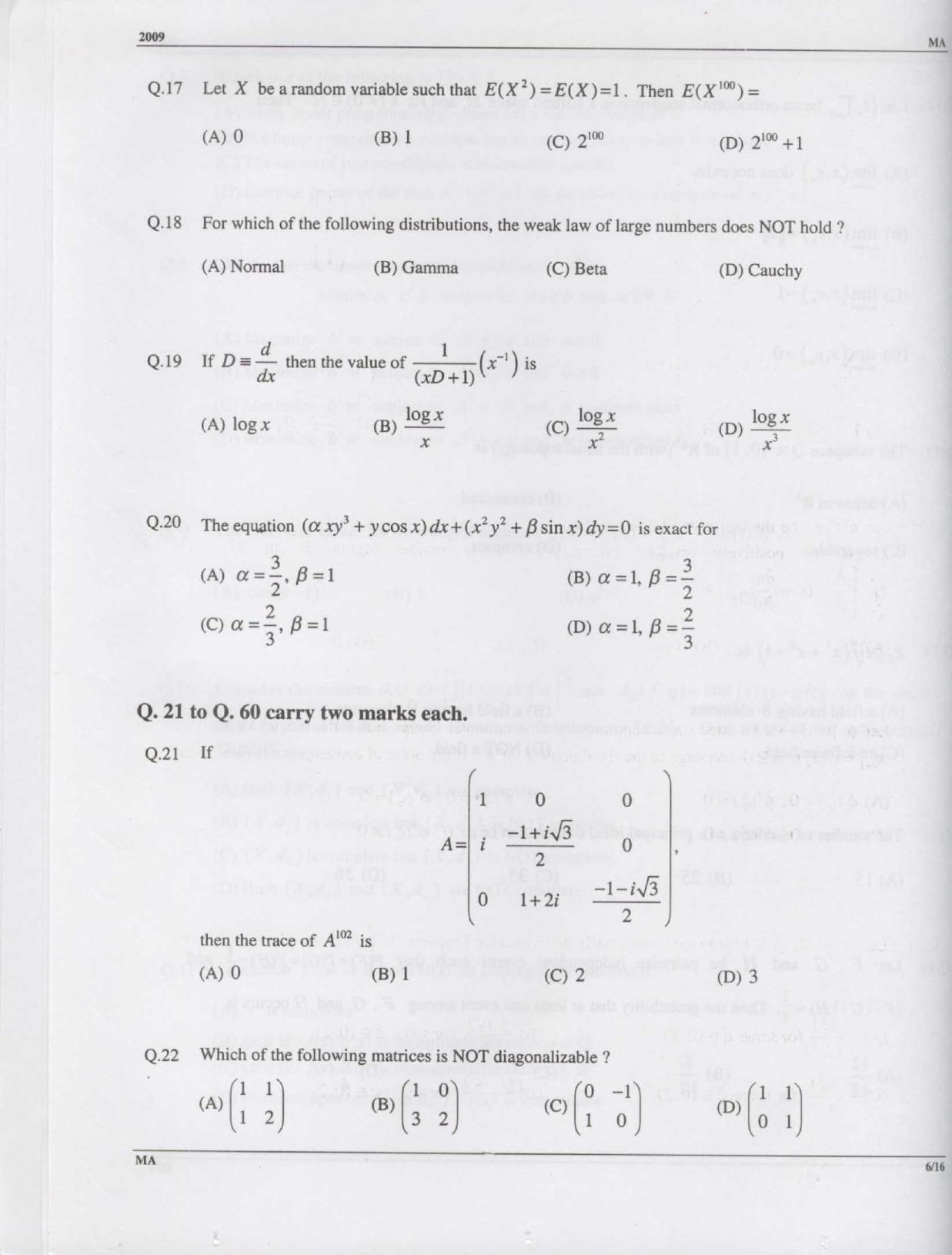GATE 2009 Mathematics (MA) Question Paper with Answer Key - Page 6