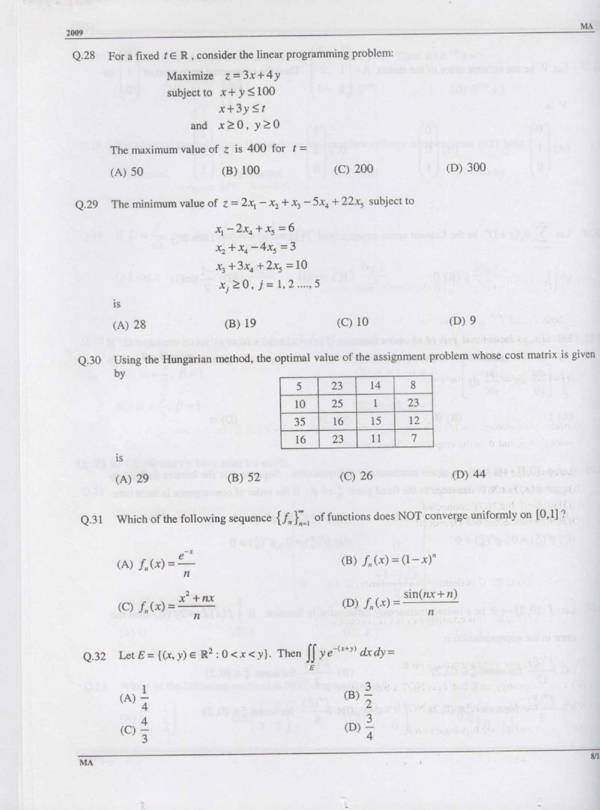 GATE 2009 Mathematics (MA) Question Paper with Answer Key - Page 8