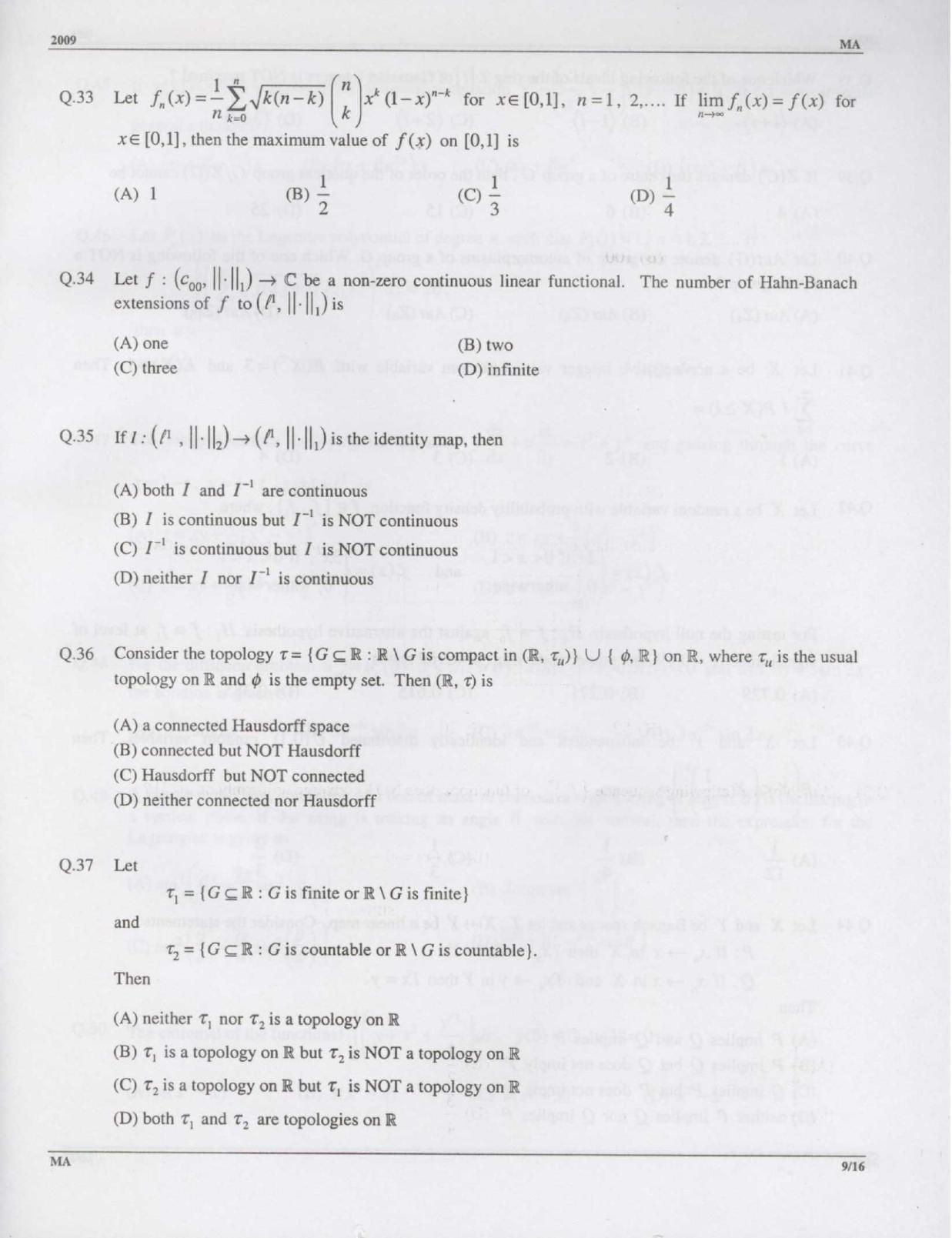 GATE 2009 Mathematics (MA) Question Paper with Answer Key - Page 9