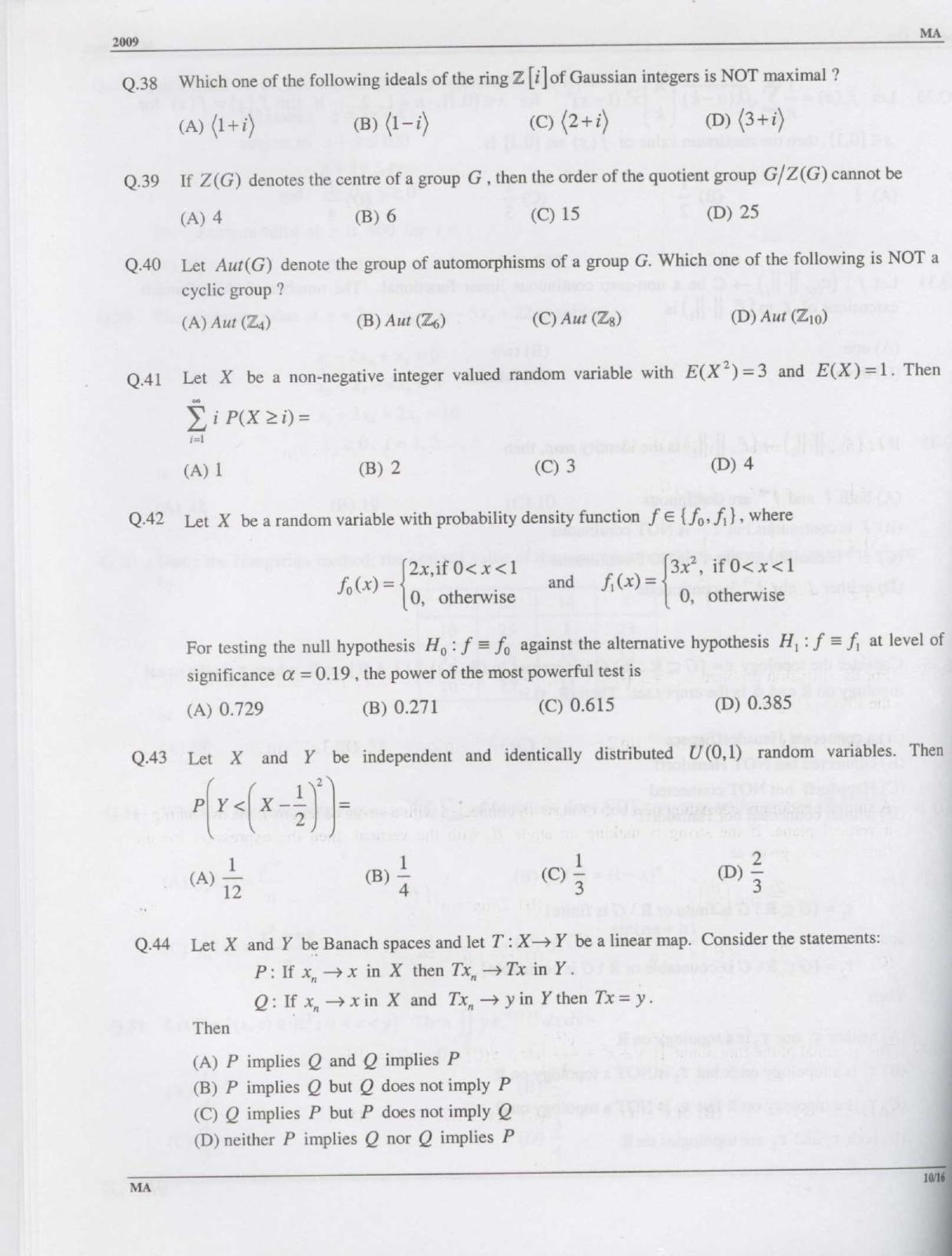 GATE 2009 Mathematics (MA) Question Paper with Answer Key - Page 10