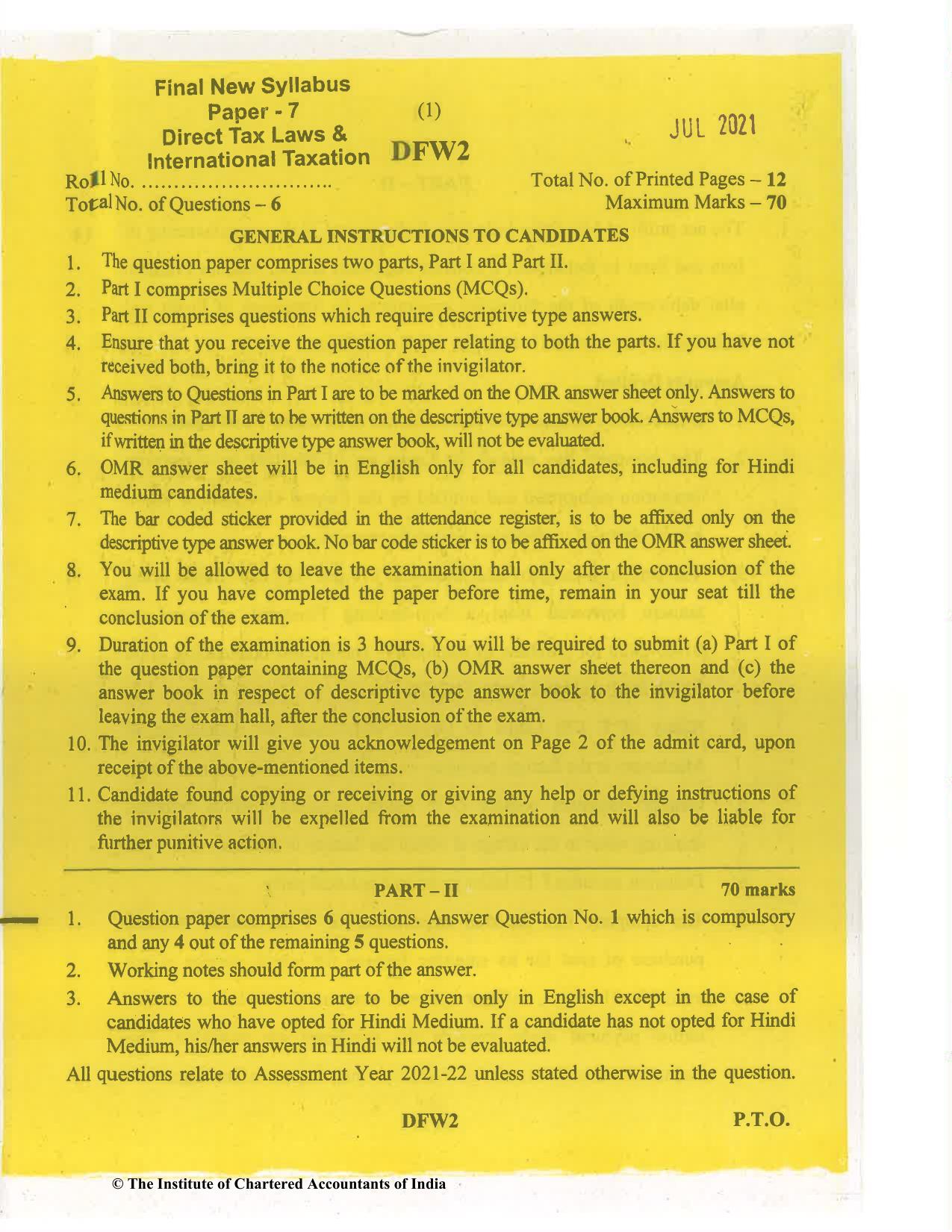 CA Final Jul 2021 Question Paper - Paper 7 – Direct Tax Laws and International Taxation - Page 1