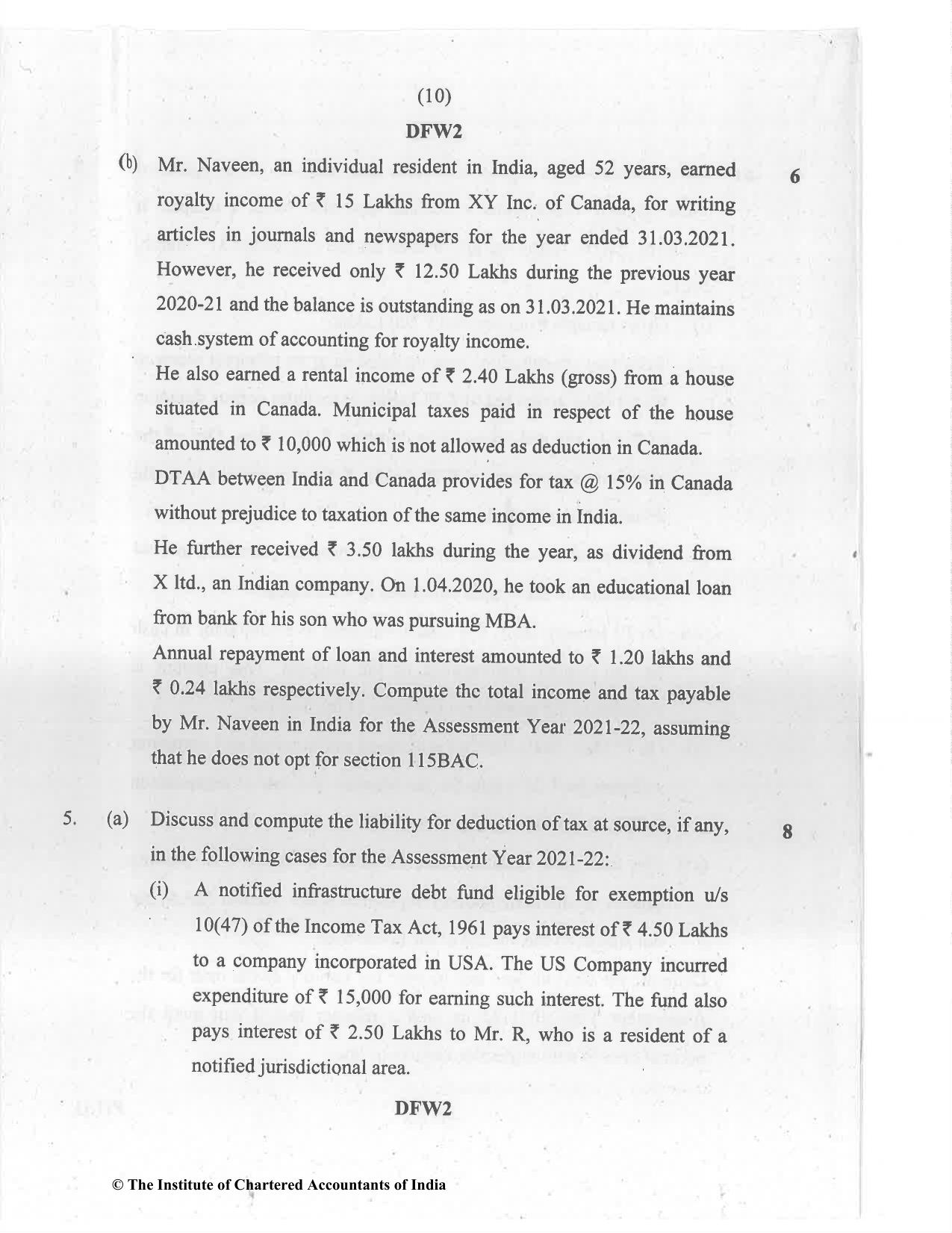 CA Final Jul 2021 Question Paper - Paper 7 – Direct Tax Laws and International Taxation - Page 10