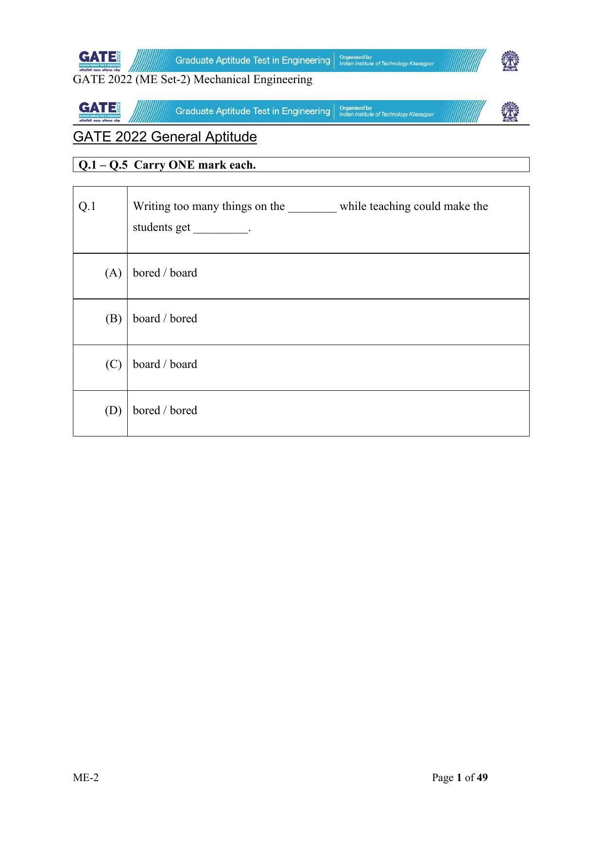 GATE 2022 Mechanical Engineering (ME-2) (Afternoon) Question Paper - Page 1