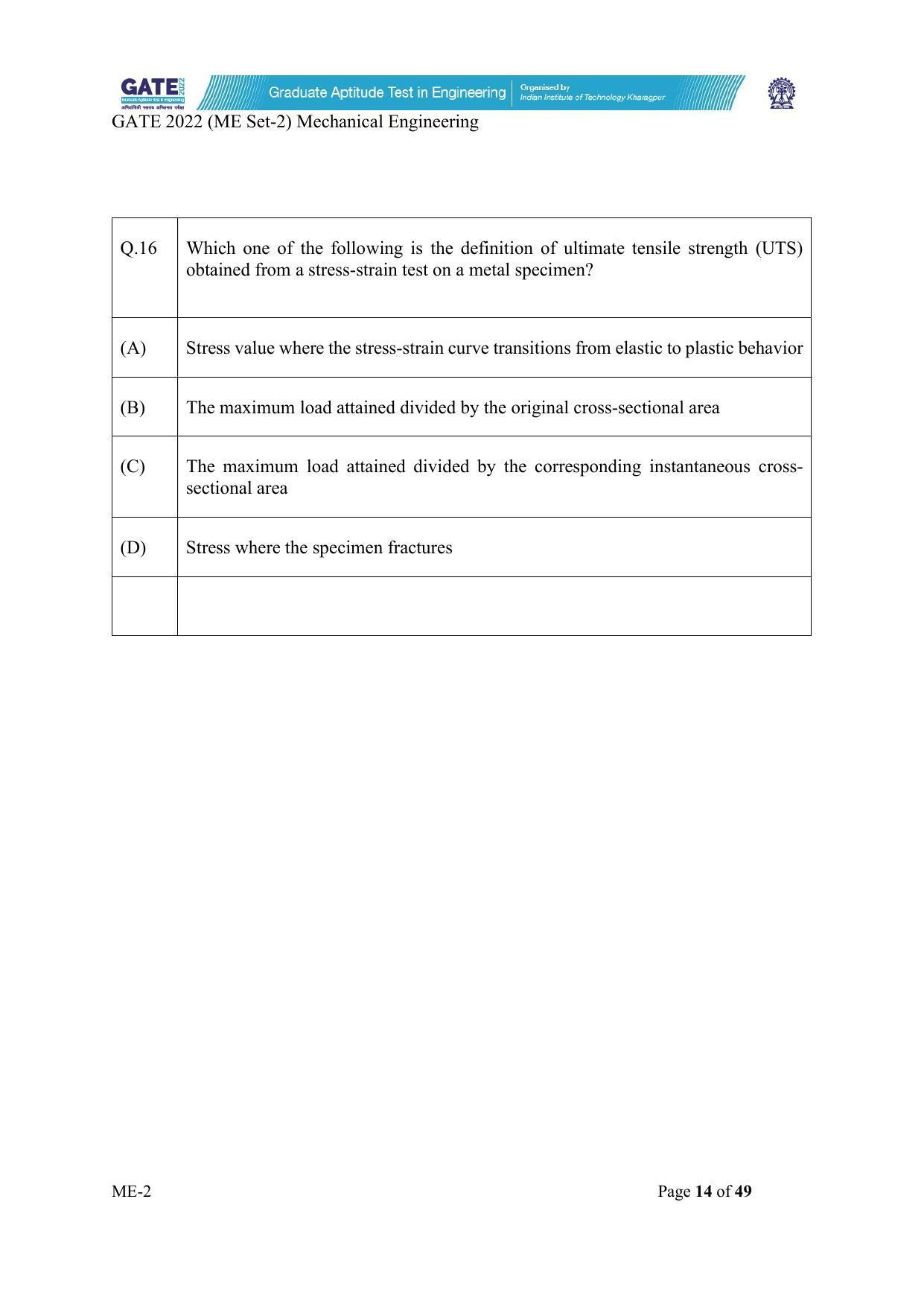 GATE 2022 Mechanical Engineering (ME-2) (Afternoon) Question Paper - Page 14