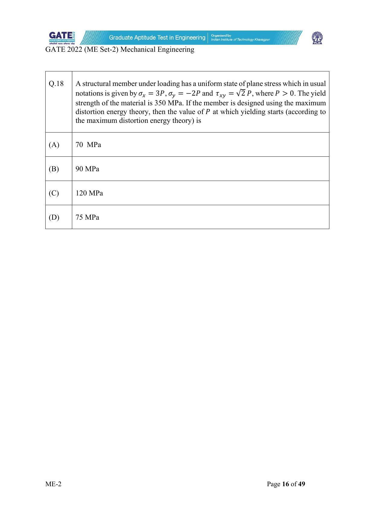 GATE 2022 Mechanical Engineering (ME-2) (Afternoon) Question Paper - Page 16