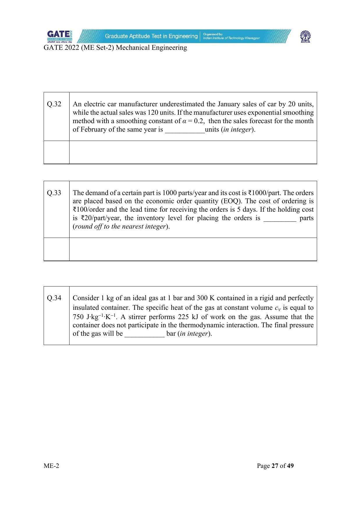 GATE 2022 Mechanical Engineering (ME-2) (Afternoon) Question Paper - Page 27