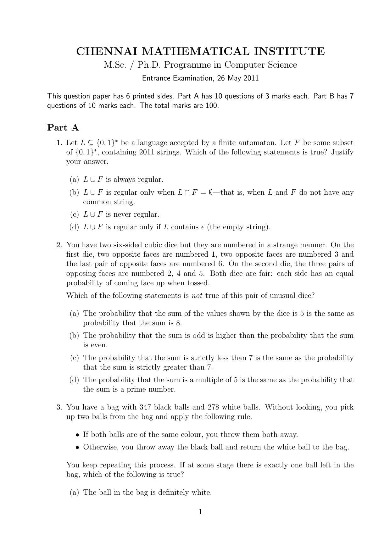 CMI Entrance Exam 2011 Question Paper MSc/PhD Computer Science - Page 1