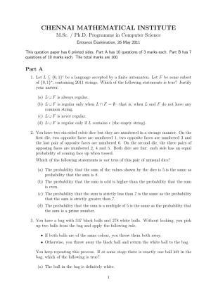CMI Entrance Exam 2011 Question Paper MSc/PhD Computer Science