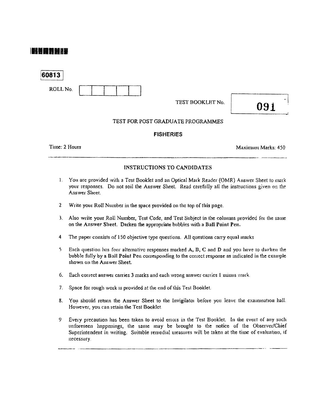 CUSAT CAT 2013 Fisheries Question Paper - Page 1